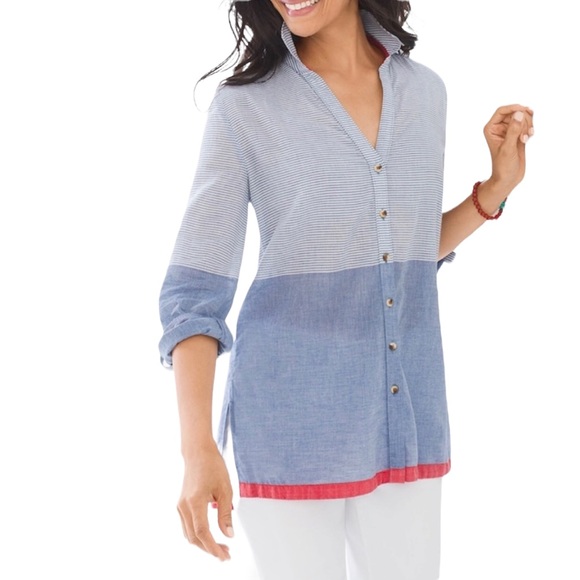 Chico’s | Striped Shirt Size 1 Medium Button Front Roll Tab Long Sleeves - Picture 2 of 4